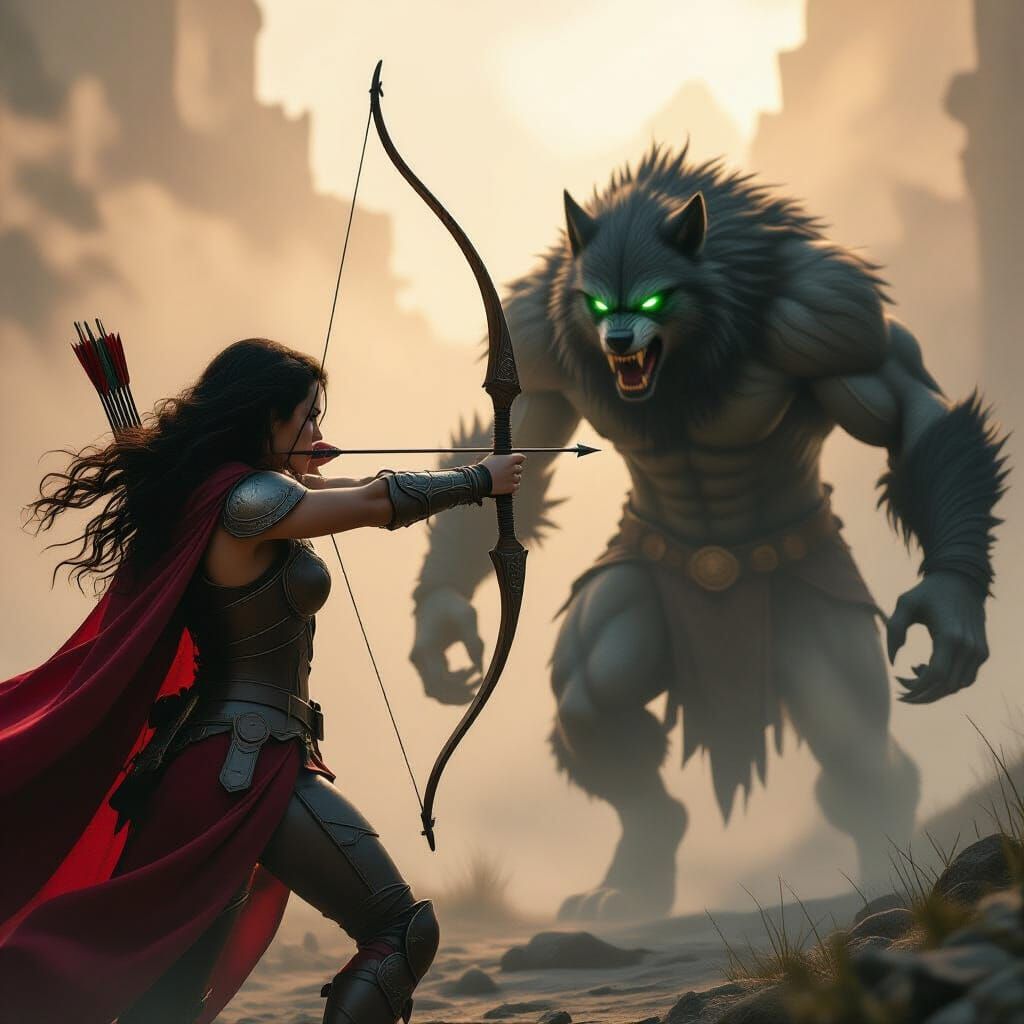 Woman Warrior Confronts Werewolf in Cinematic Scene