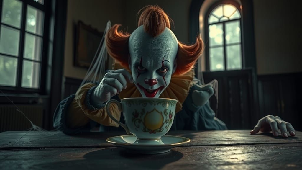 Menacing Clown Peeking from Teacup in Abandoned Room