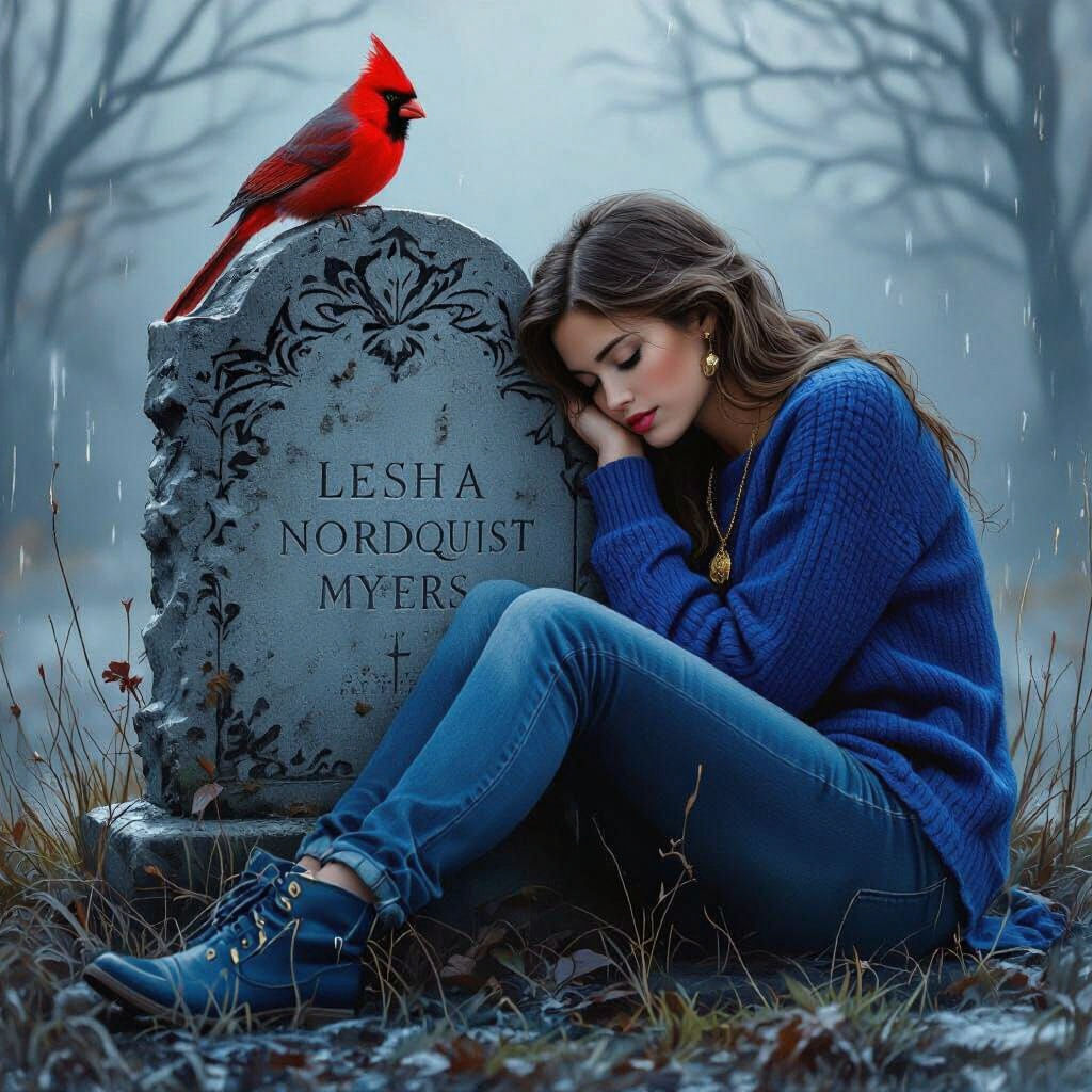 Grieving Daughter Beside Mother's Grave in Rain