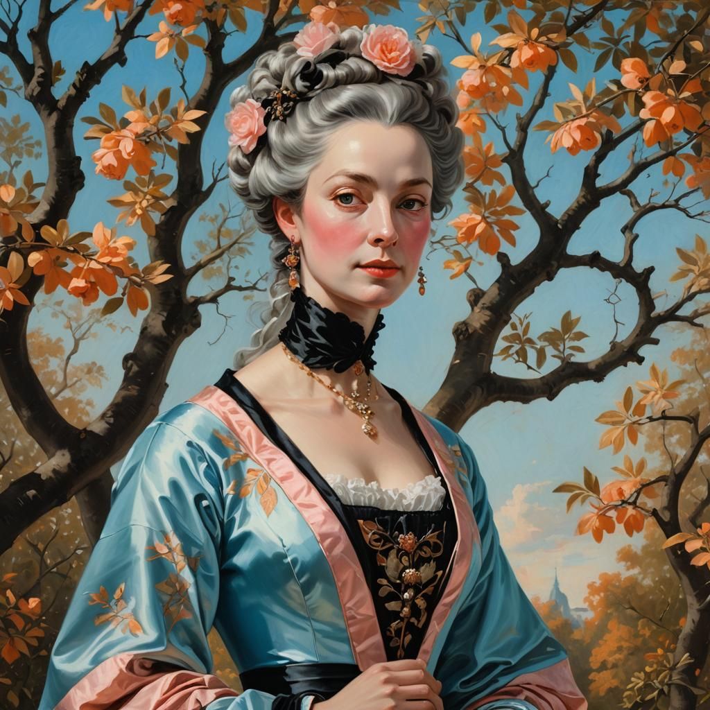 Rococo Woman in Gown Amidst Orange Trees