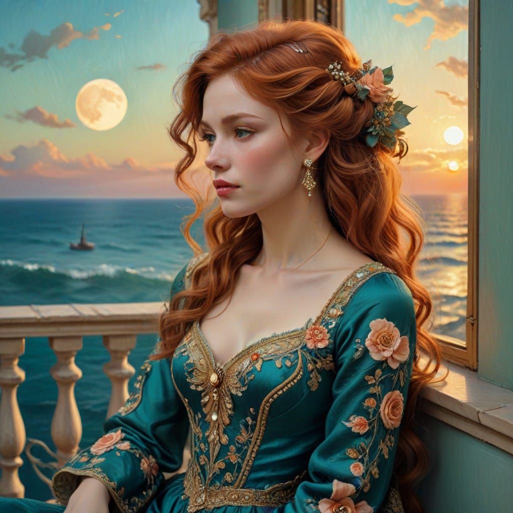 Art Nouveau Woman with Roses Overlooking Teal Sea