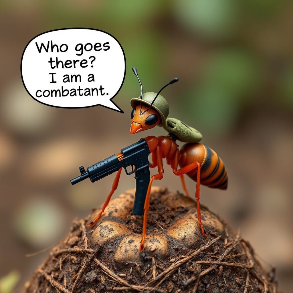 Ant in Combat Uniform Stands Guard on Anthill