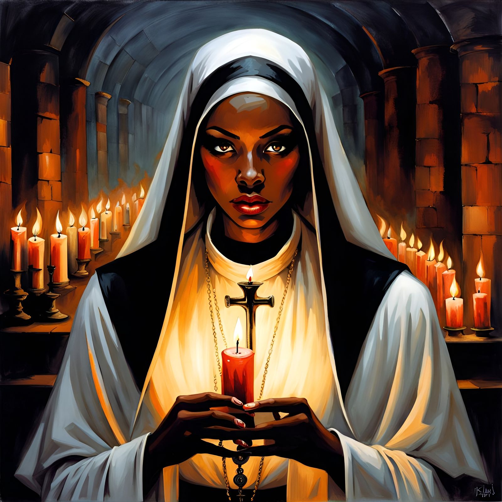 Ethereal Gothic Nun Portrait in Ink Painting Style