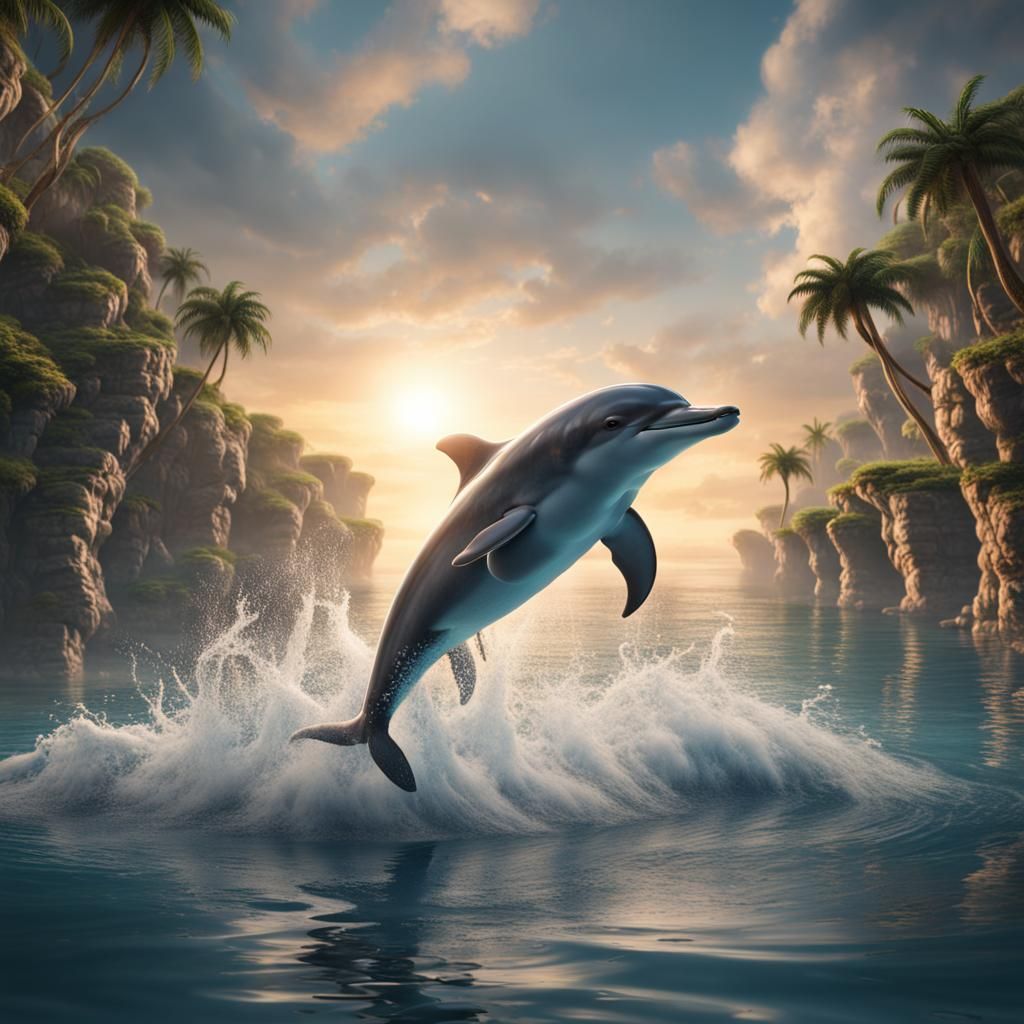 Dolphin Leaps from Ocean: Detailed Digital Art