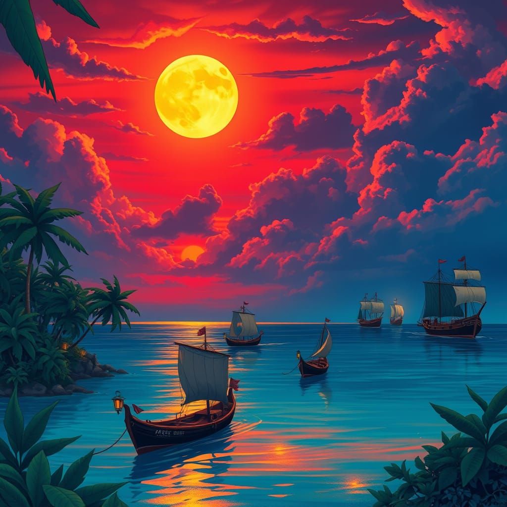 Tropical Island Dusk Scene in Vibrant Dreamlike Style