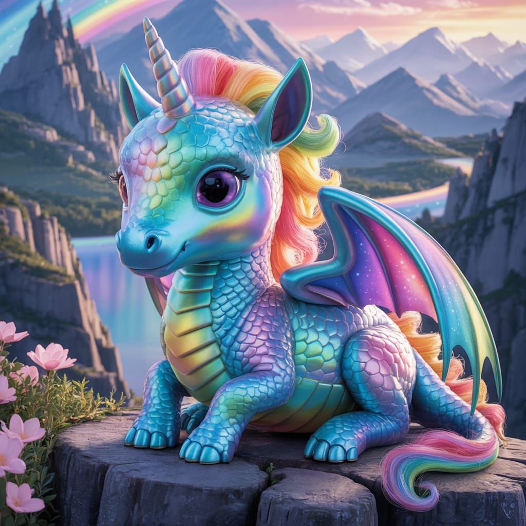 Adorable Dragon-Unicorn Hybrid in Magical Landscape