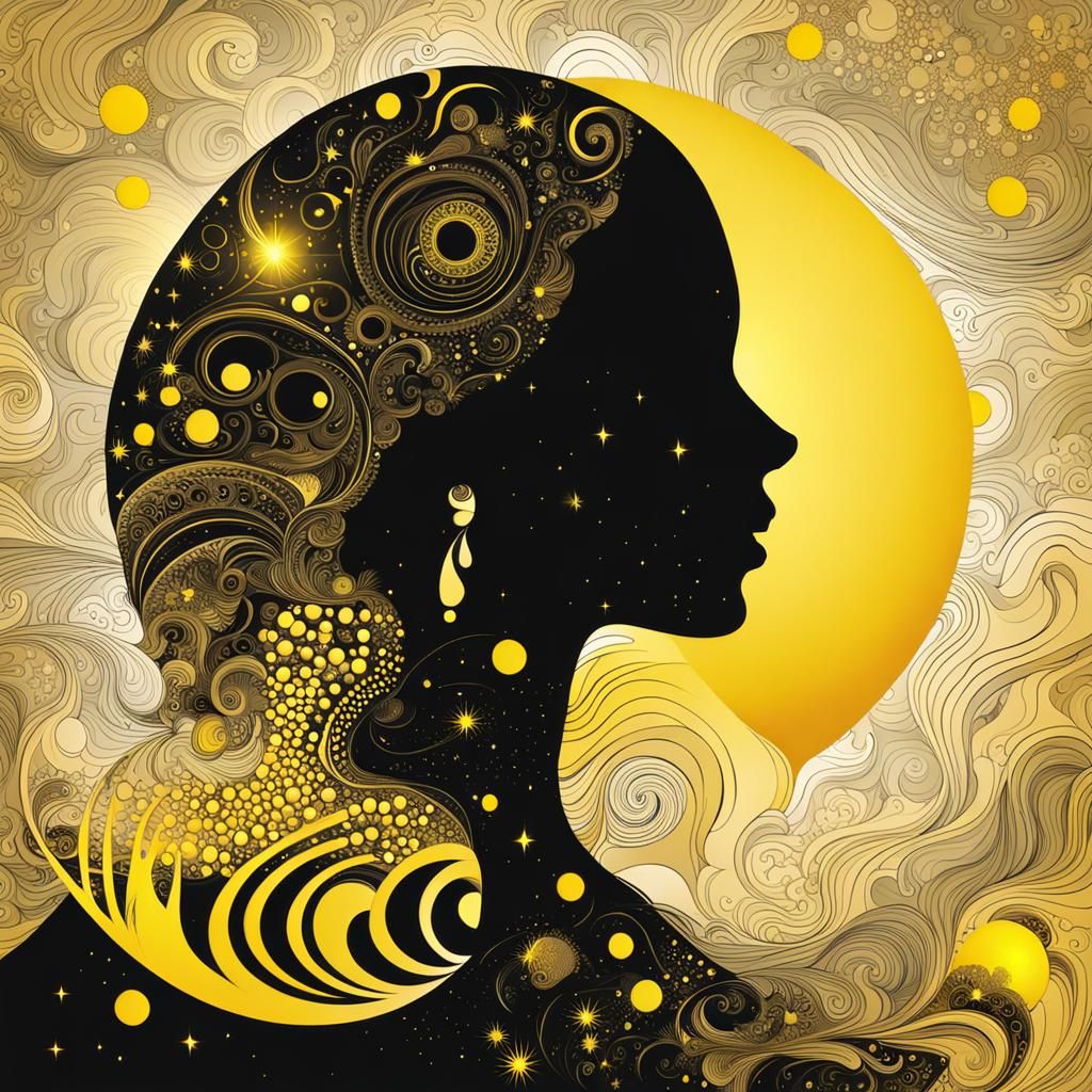 Silhouette with Yellow Moon in Abstract Vector Style
