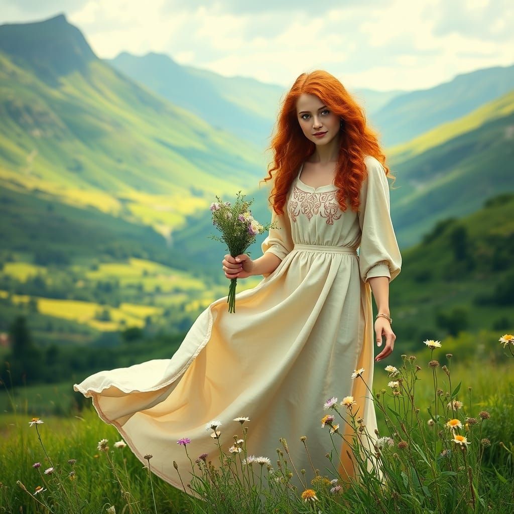 Romantic Irish Woman in a Lush Emerald Valley