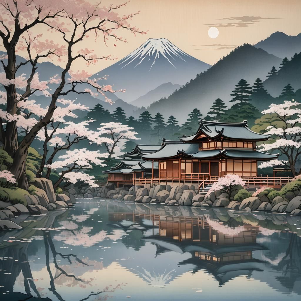 Ukiyo-e Mountain Teahouse Sunrise with Cherry Blossoms