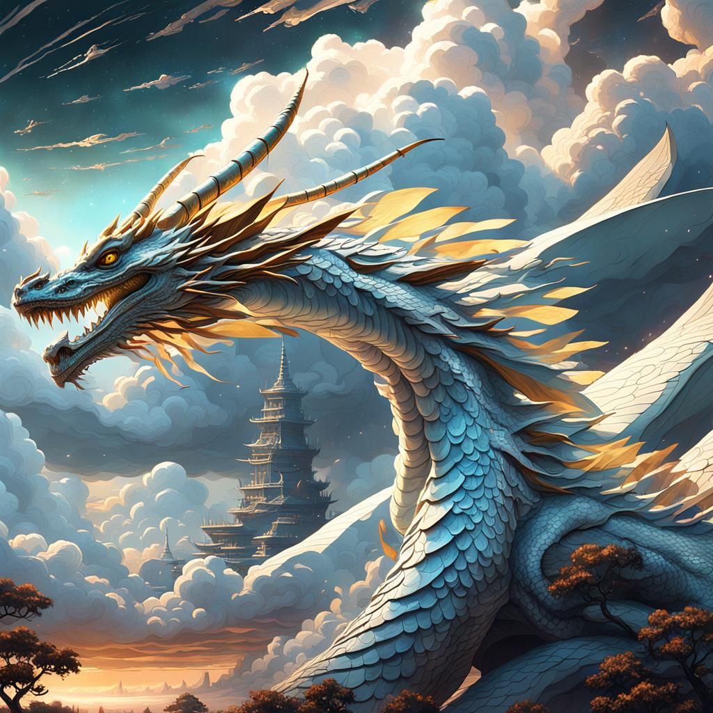 White Dragon in Cloudy Sky: Cinematic Digital Art