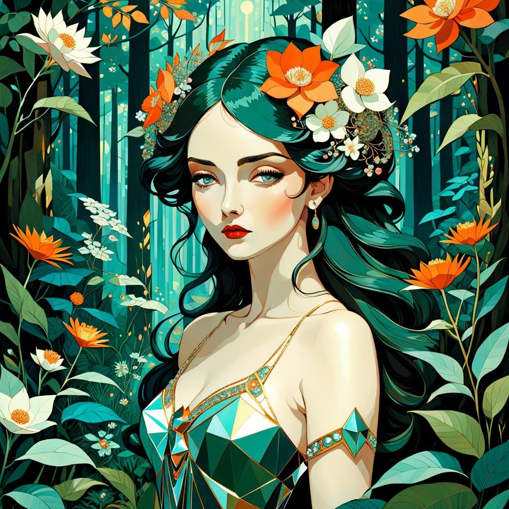 Crystal Cubism Goddess in Cosmic Forest