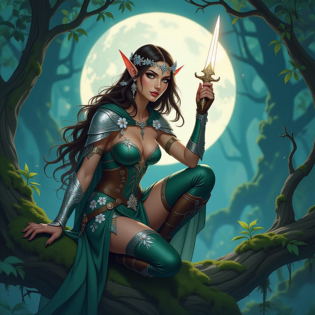 Art Nouveau Elf Rogue in Moonlit Forest