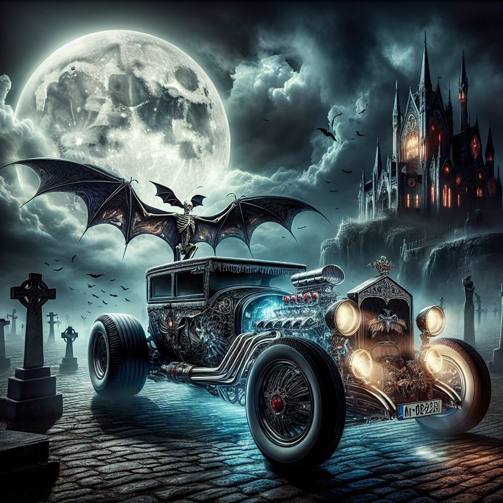 Gothic Vampire Car in Graveyard, Oil on Canvas