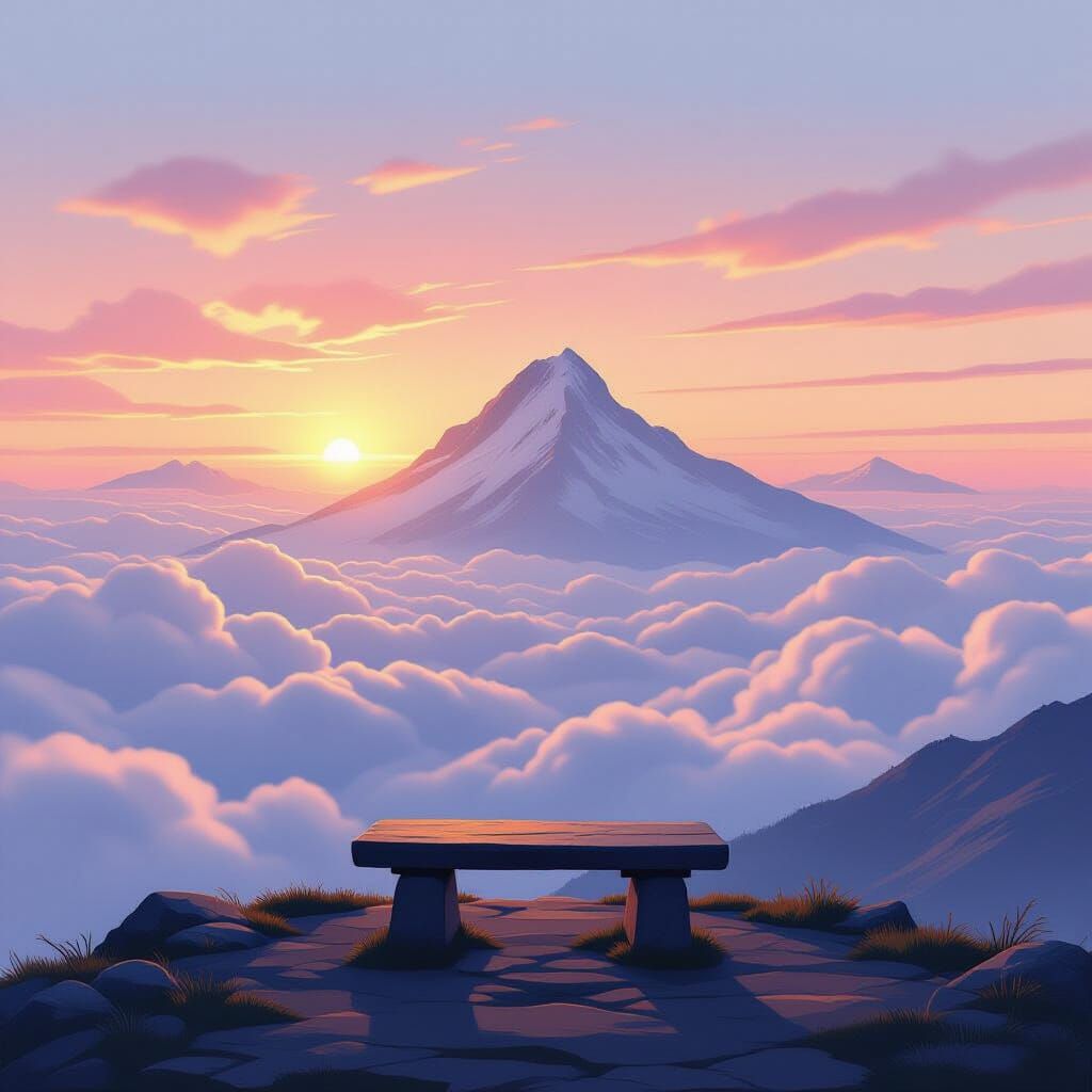 Serene Mountain Peak Above Clouds at Sunrise in Realistic St...