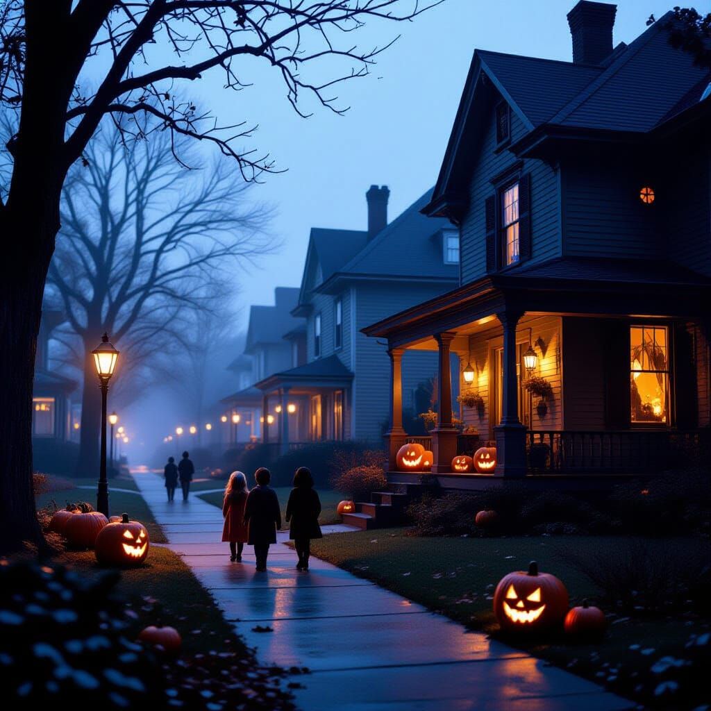 Halloween Night on a Suburban Street with Eerie Glow