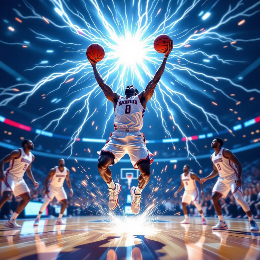 Futuristic Basketball Player in Dynamic Mid-Air Shot