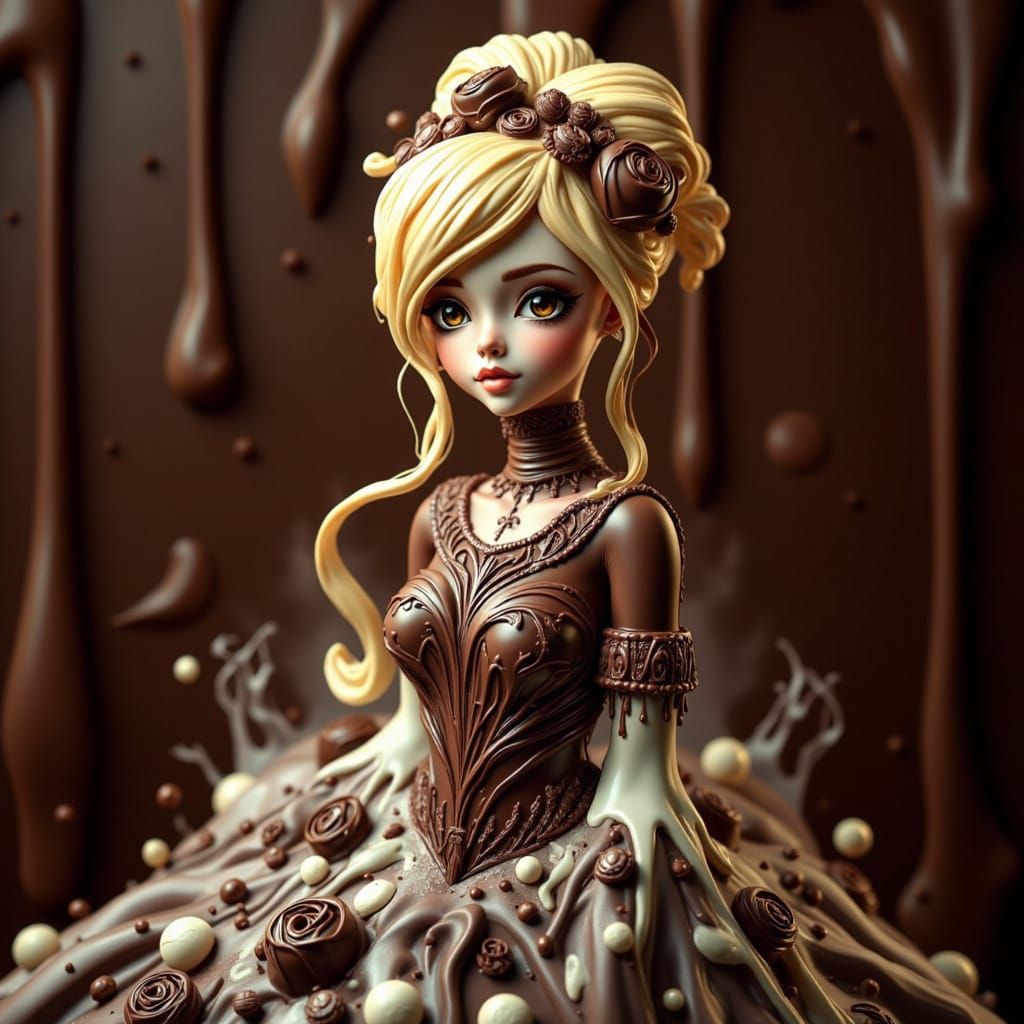 Dark and white Chocolate forming a filigree gown on a blondie model, intricate details <lora:Chocolate treat:1.0>