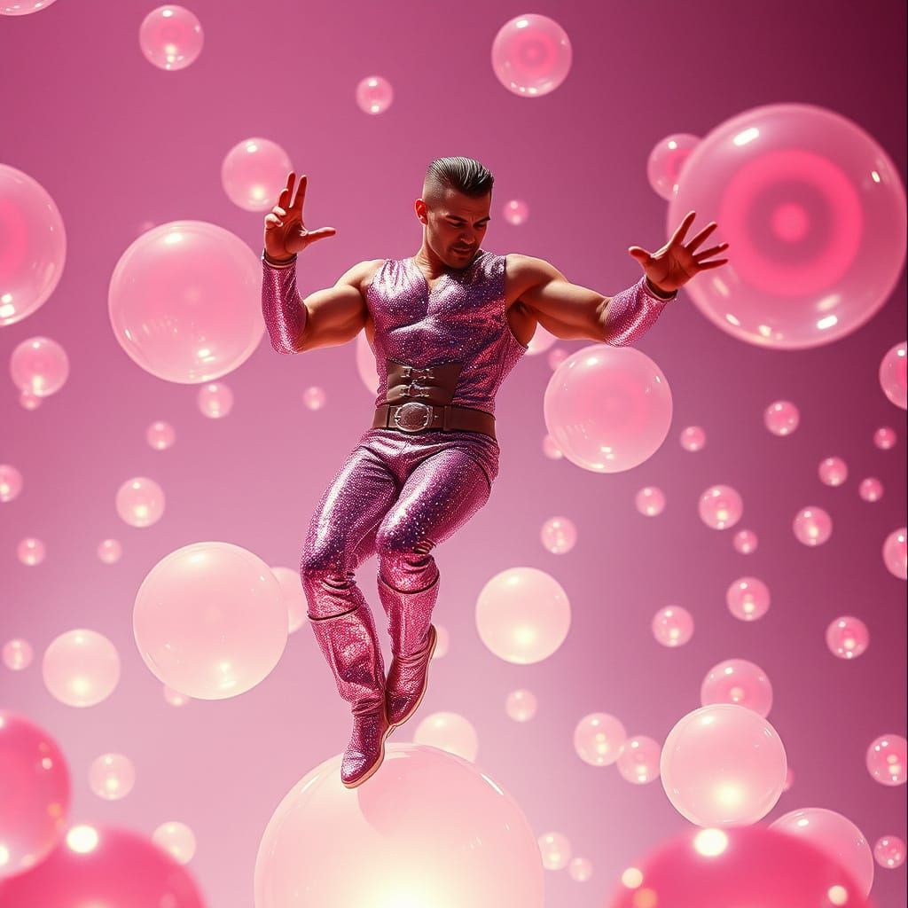 Glittering Muscle Idol Dances on Bubbles in Neon Noir