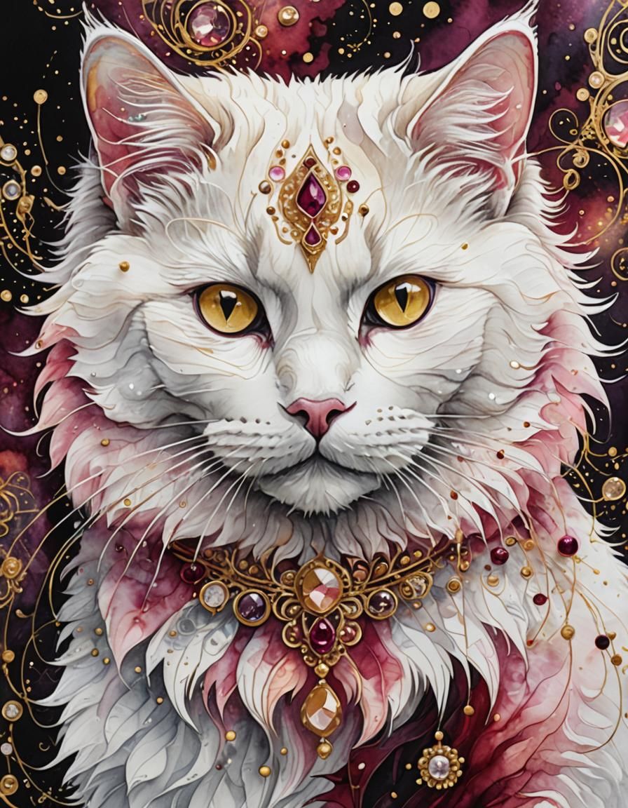 Abstract Watercolor Cat with Alcohol Ink and Gold