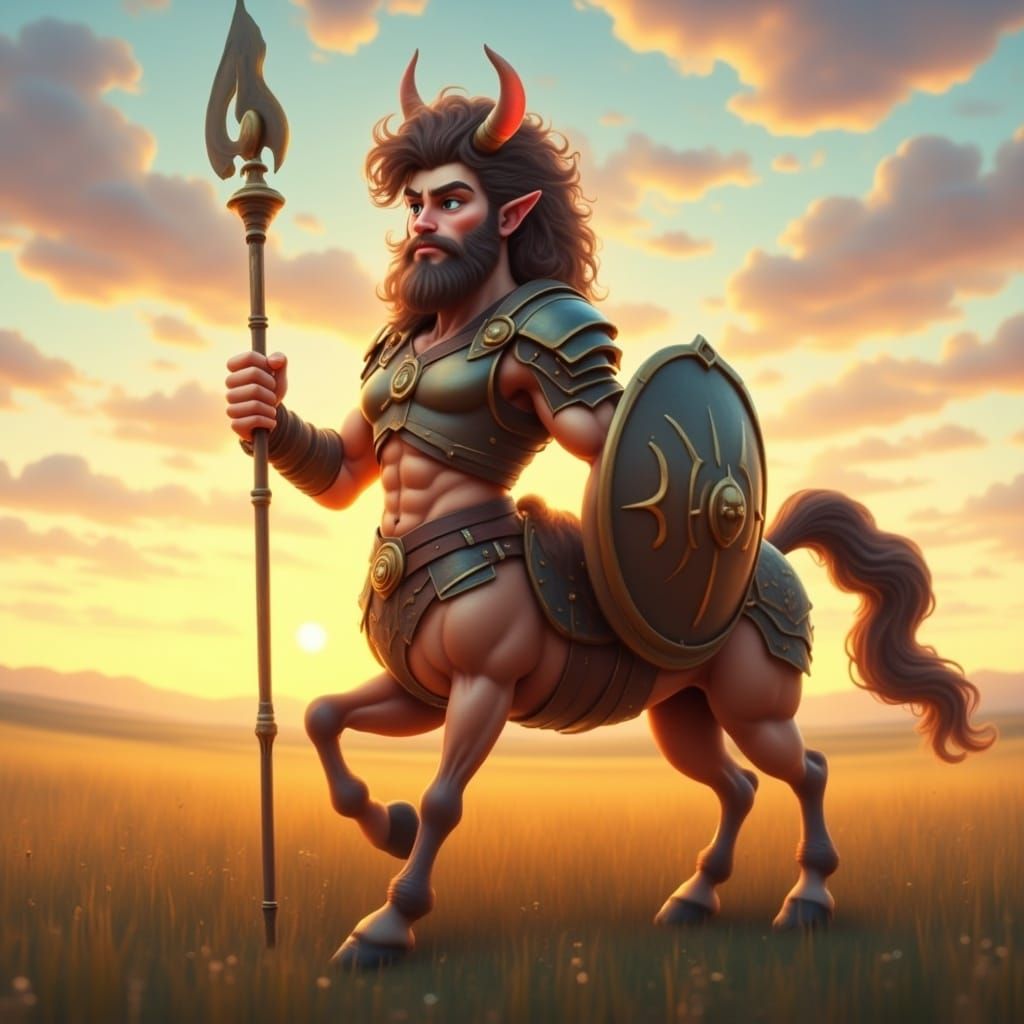 Cartoon Centaur with Shield in Sunset Field