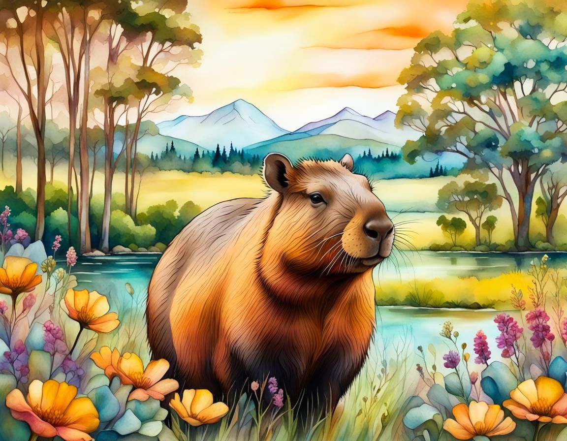 Capybara in Meadow Landscape in Alcohol Ink Style