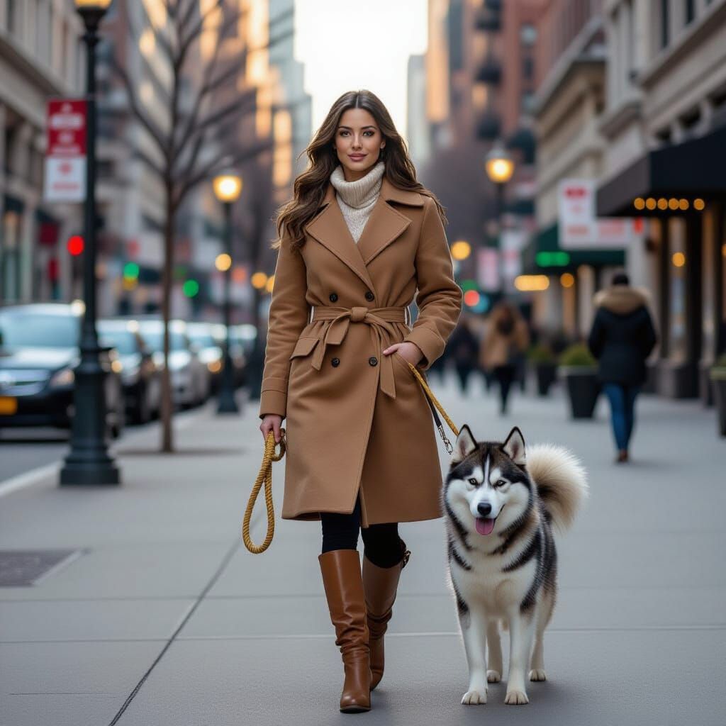 Stylish Woman and Husky in Chicago Street