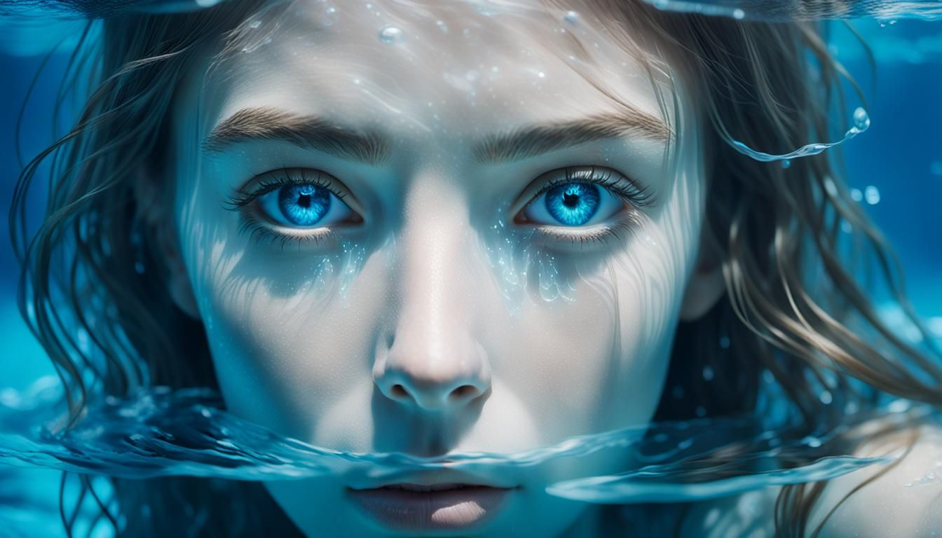 Surreal Portrait of Young Woman Submerged in Water with Ethe...