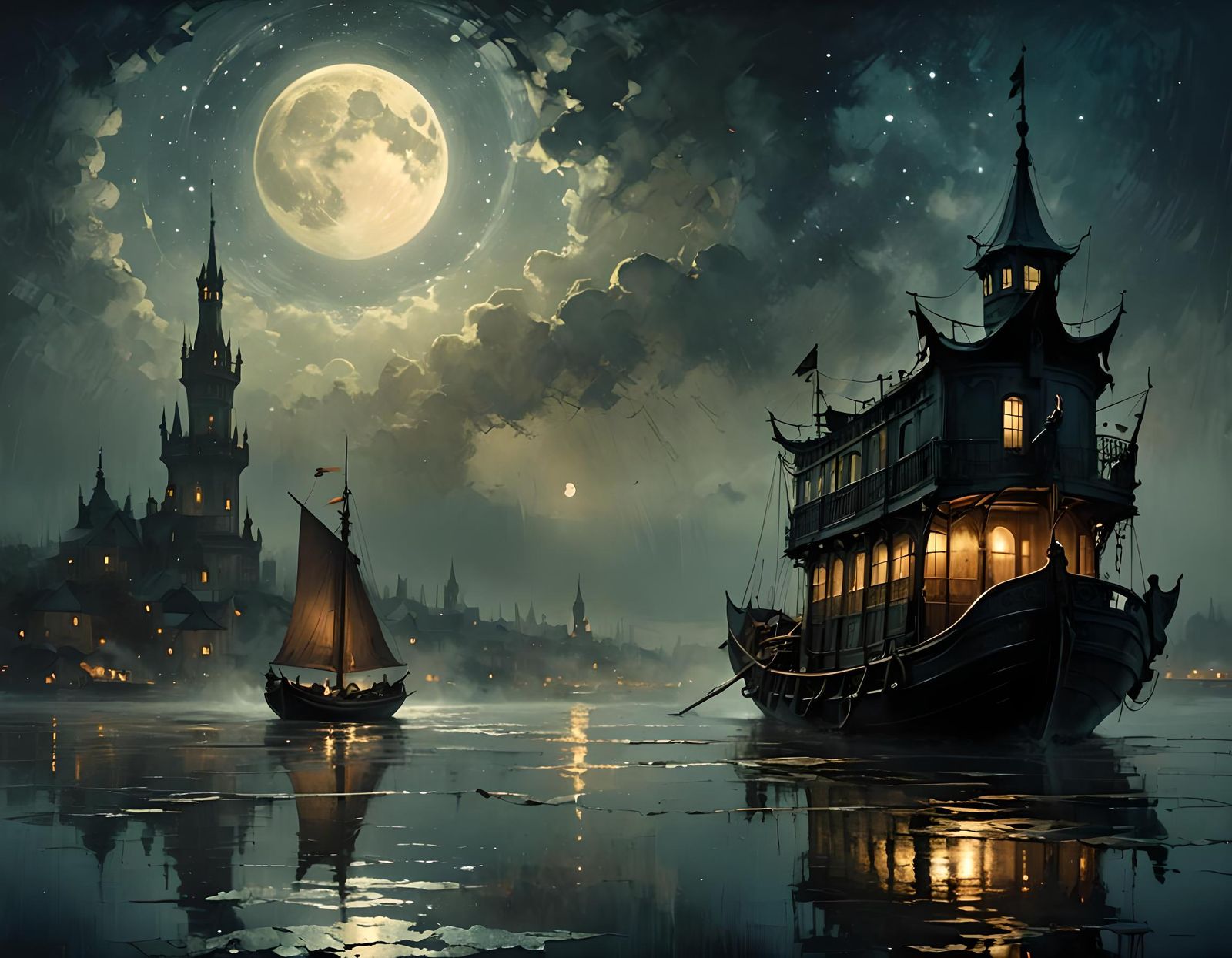 Antique Gypsy Boat Under Crescent Moon in Digital Watercolor