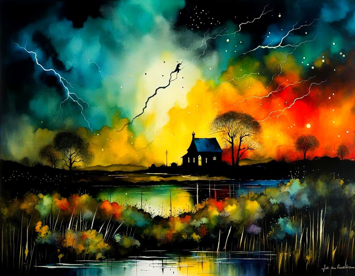 Dark Lightning Storm in Alcohol Ink Style