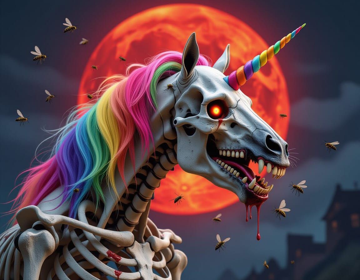 Grimacing Unicorn Cadaver with Rainbow Mane