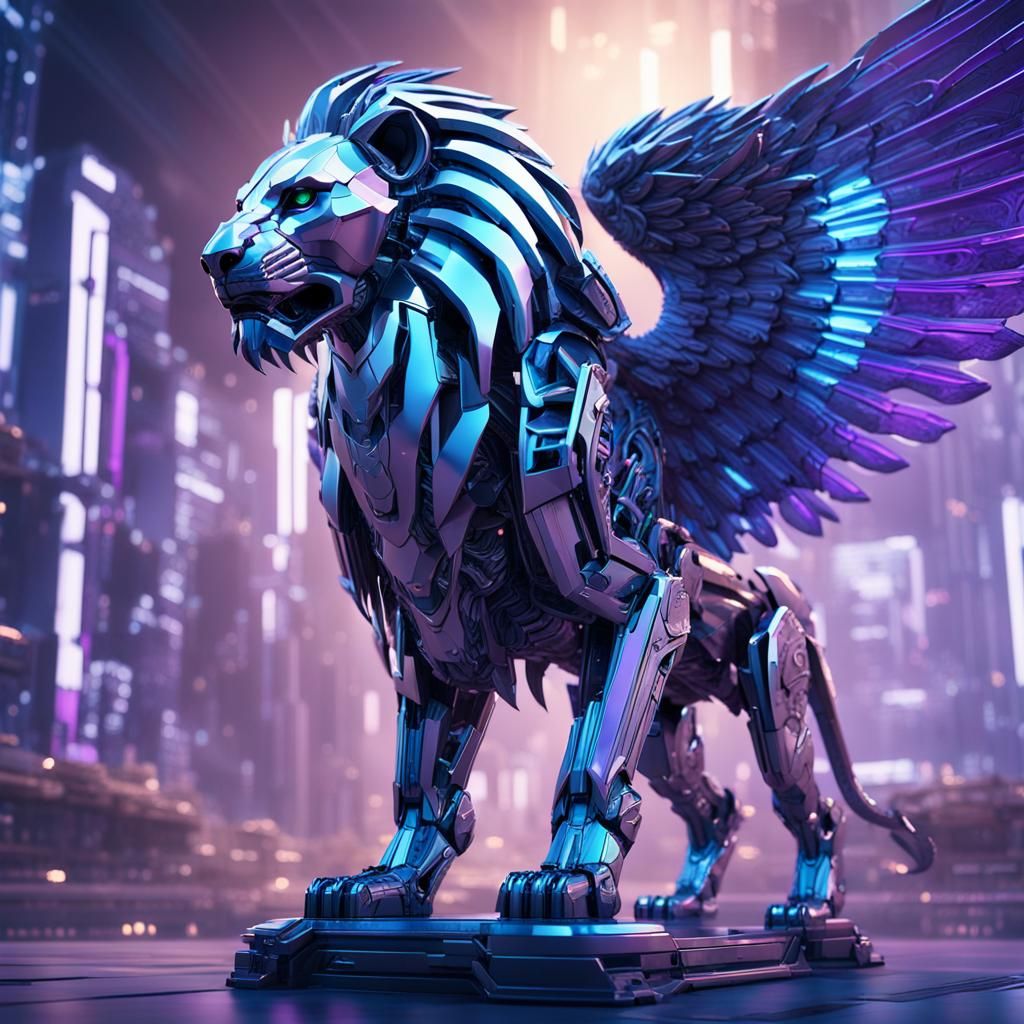 Cyberpunk Lion with Eagle Wings in Titanium