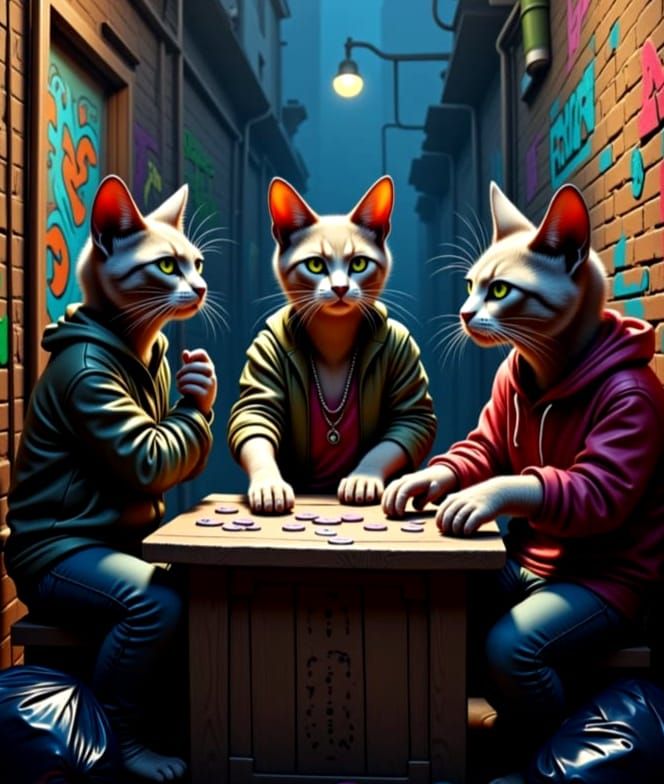 Feral Cats Play Poker in Gritty Urban Alley