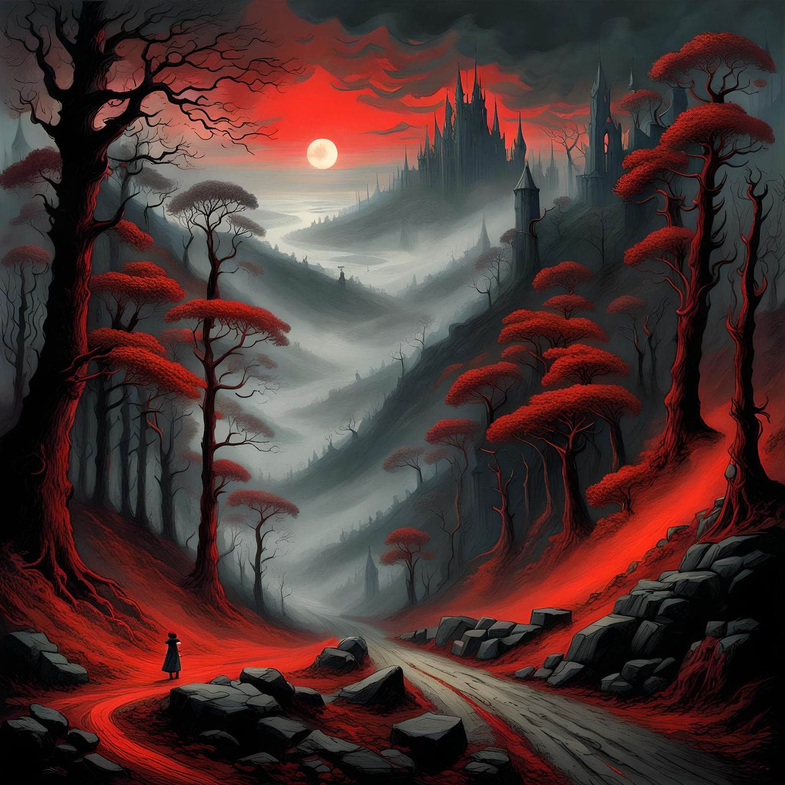 Red Path Through Misty Forest: Dark Fantasy Illustration