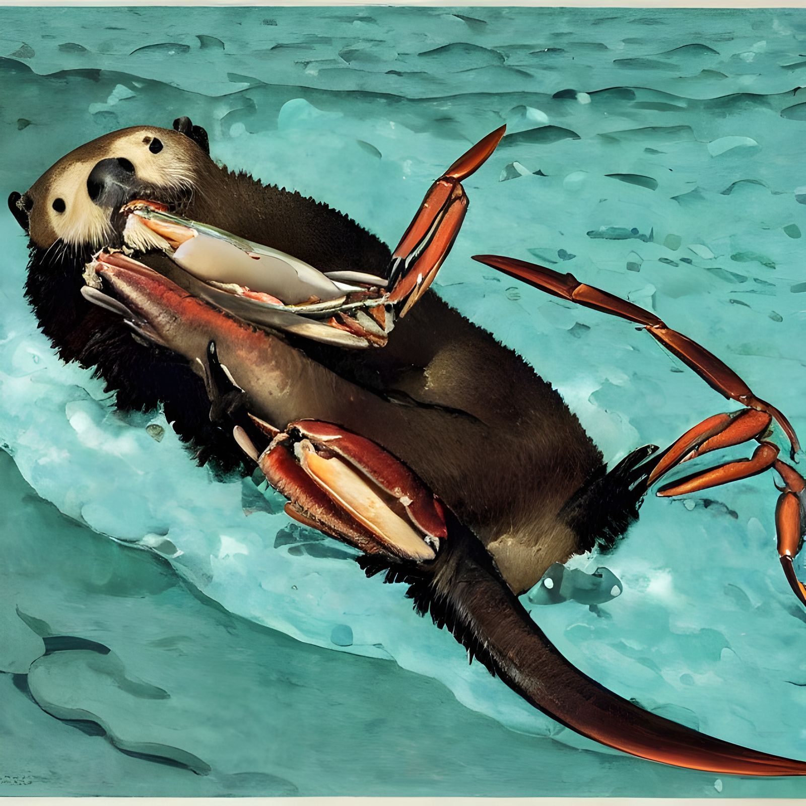 Sea Otter Eating Crab: Hyperrealistic Detailed Painting