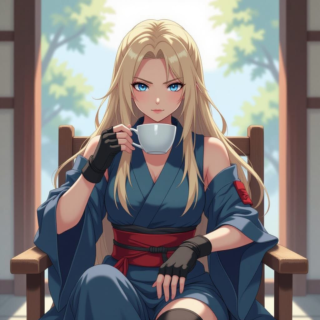 Anime Shinobi Girl with Blue Eyes Drinking Tea