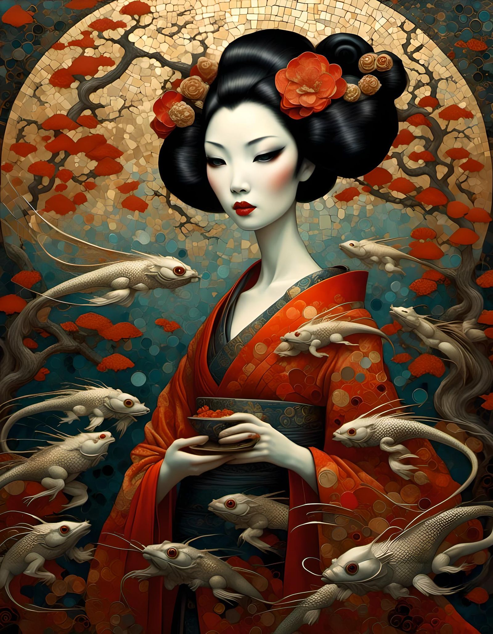 Geisha with Dragon Pets: Macabre Mosaic Art