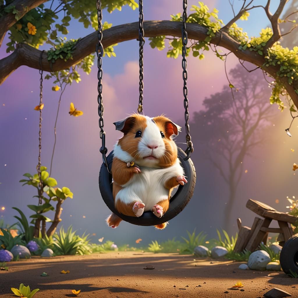 Guinea Pig on Tire Swing: 3D Digital Art