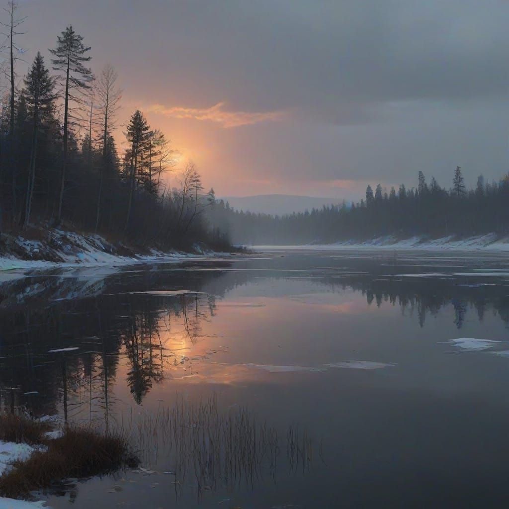 Serene Winter Lake at Dawn in Soft Impressionistic Light