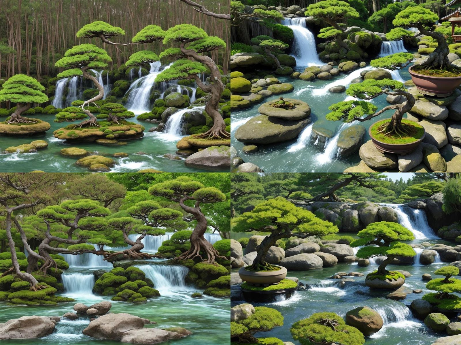 Bonsai Trees Waterfall River Scene