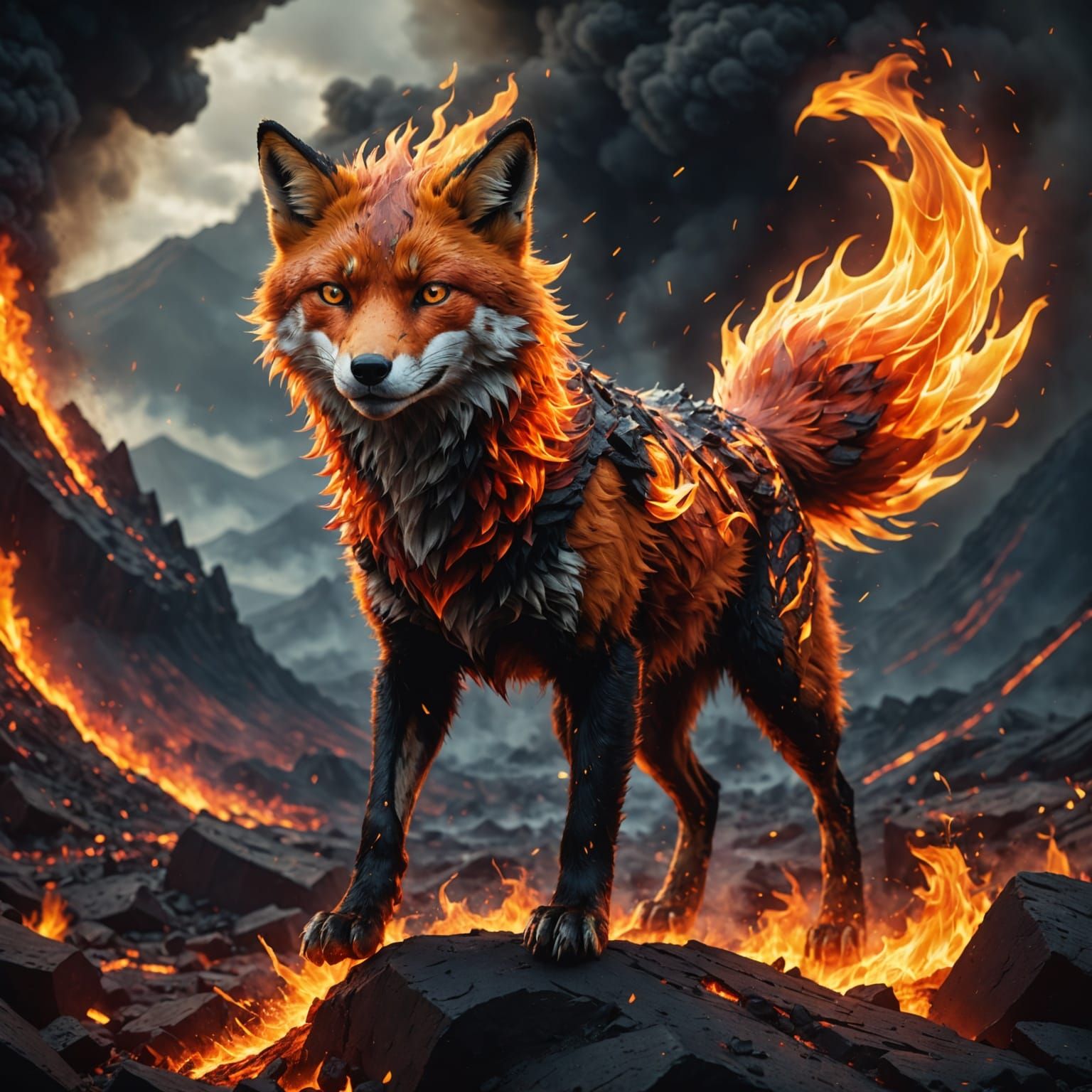 Majestic Fire Fox Walking Through Volcano