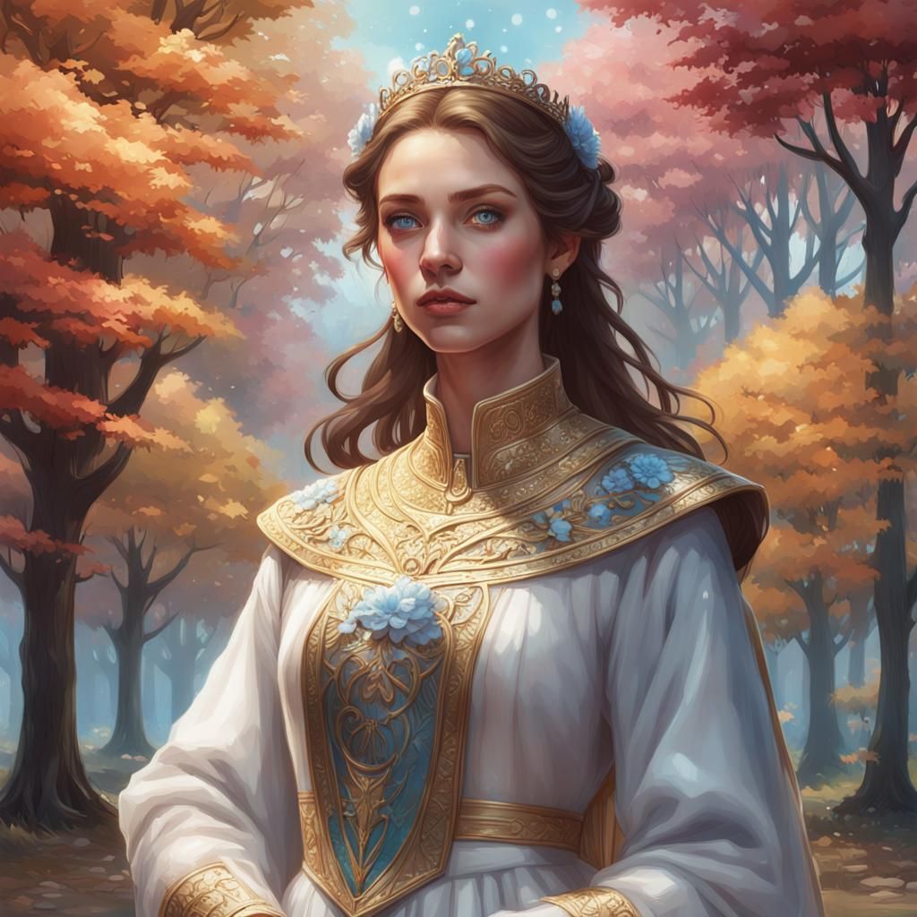 A Queen dressed in white with brown hair and blue eyes standing next to cheery trees