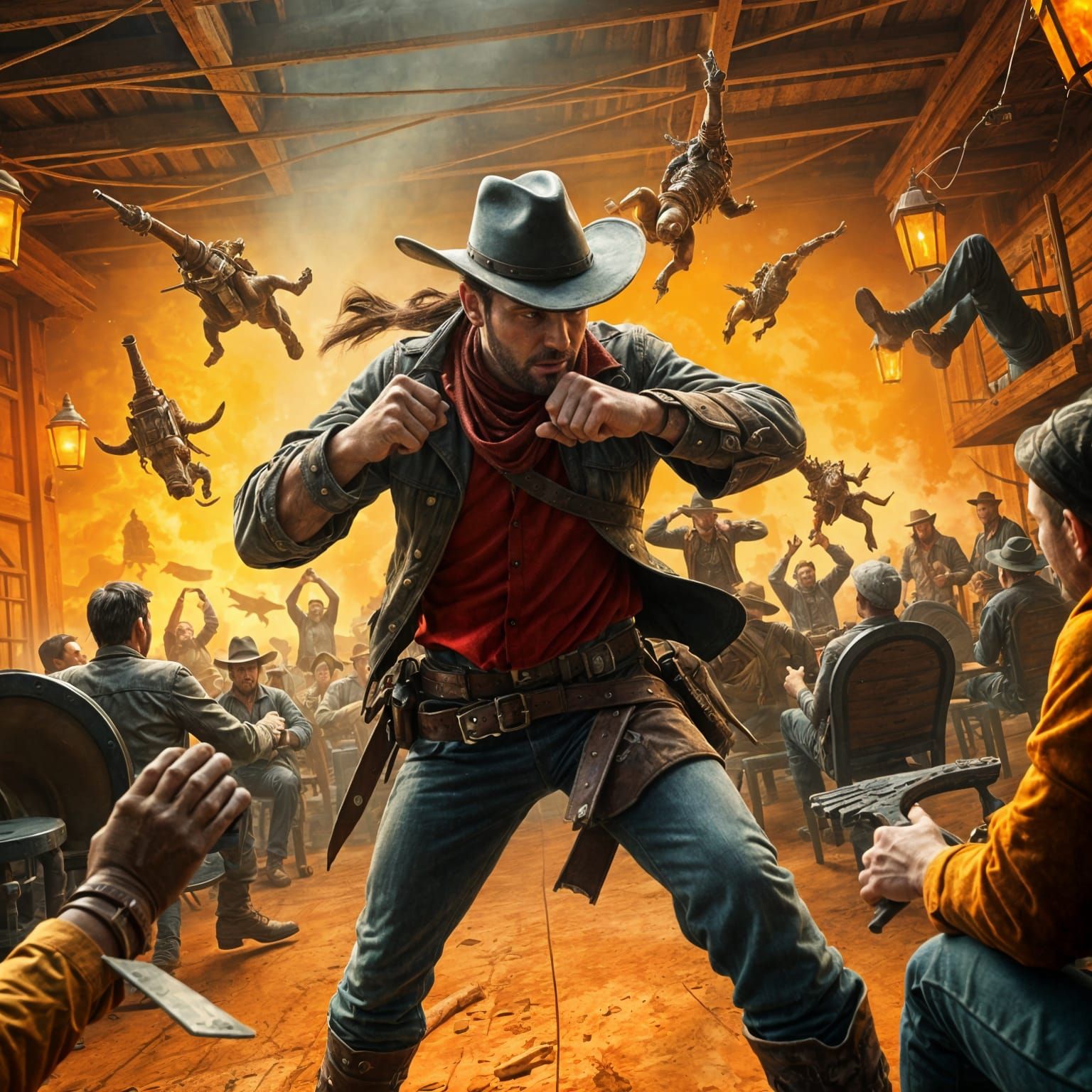 Fantastical Western Brawl in Deep Colorful Hues