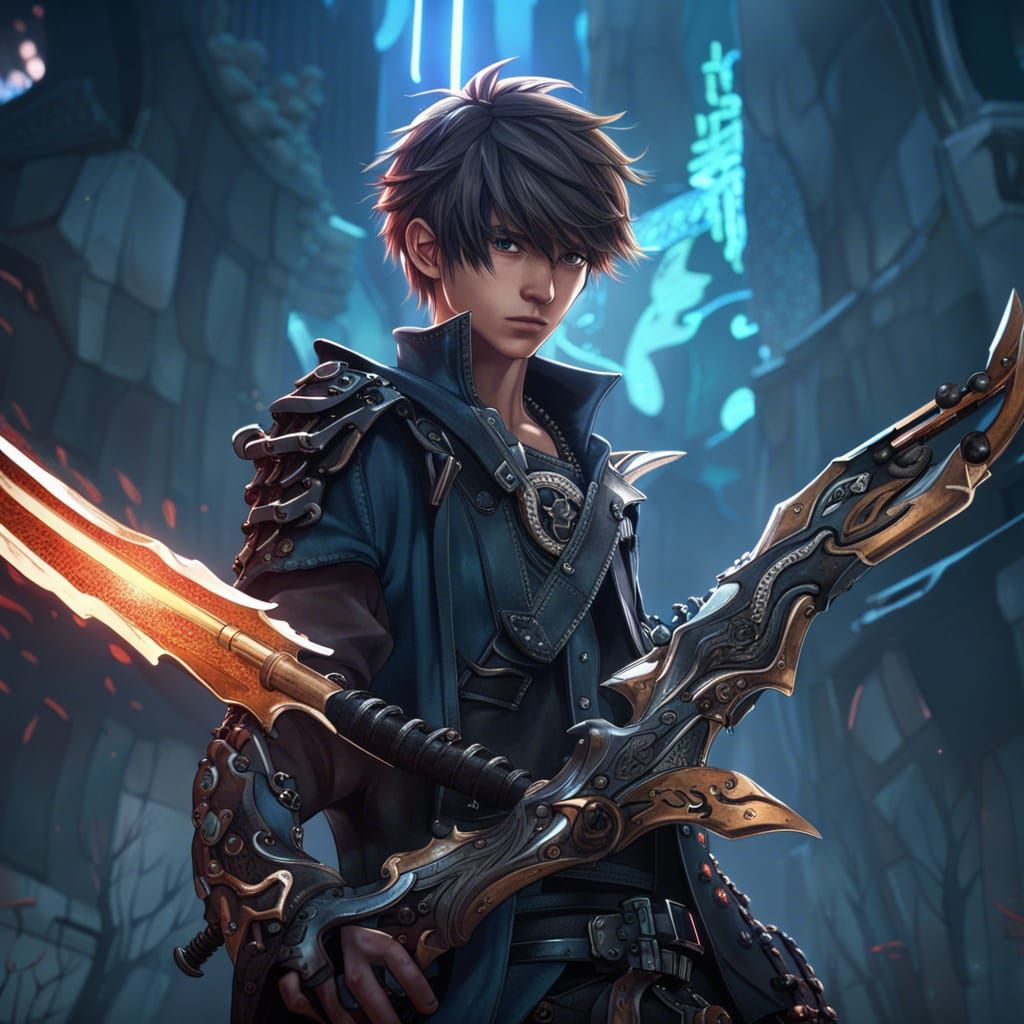 Anime Boy with Sword and Gun: Detailed Matte Painting