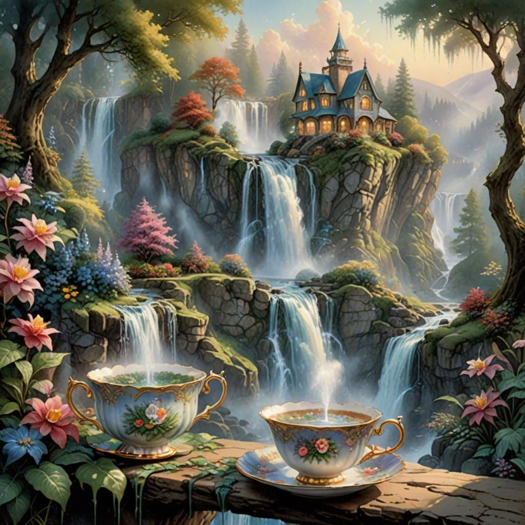 Ethereal Fairytale Waterfall in a Teacup Watercolor