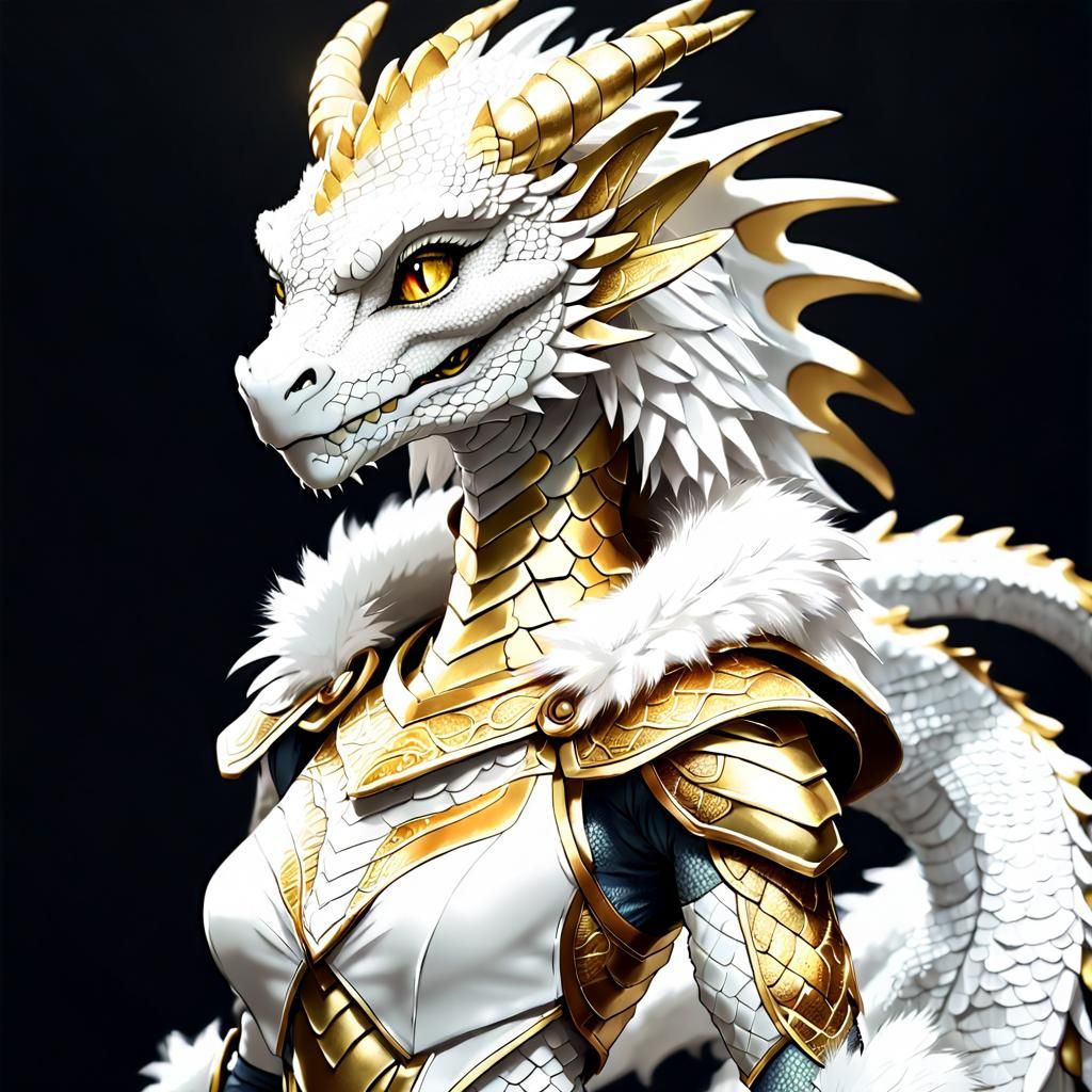 Anime Style White and Gold Dragon Woman