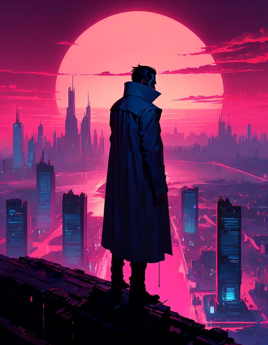 Cyberpunk Vampire Overlooks Futuristic City at Night
