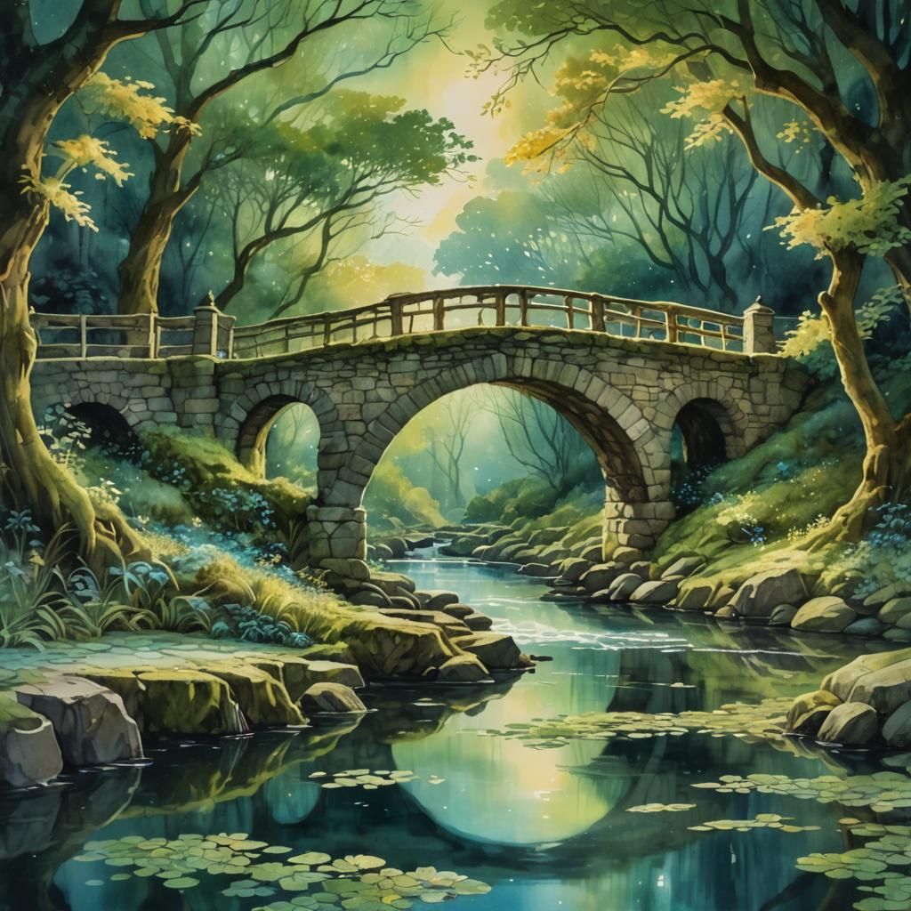 Bioluminescent Stone Bridge in Dreamlike Fantasy Art