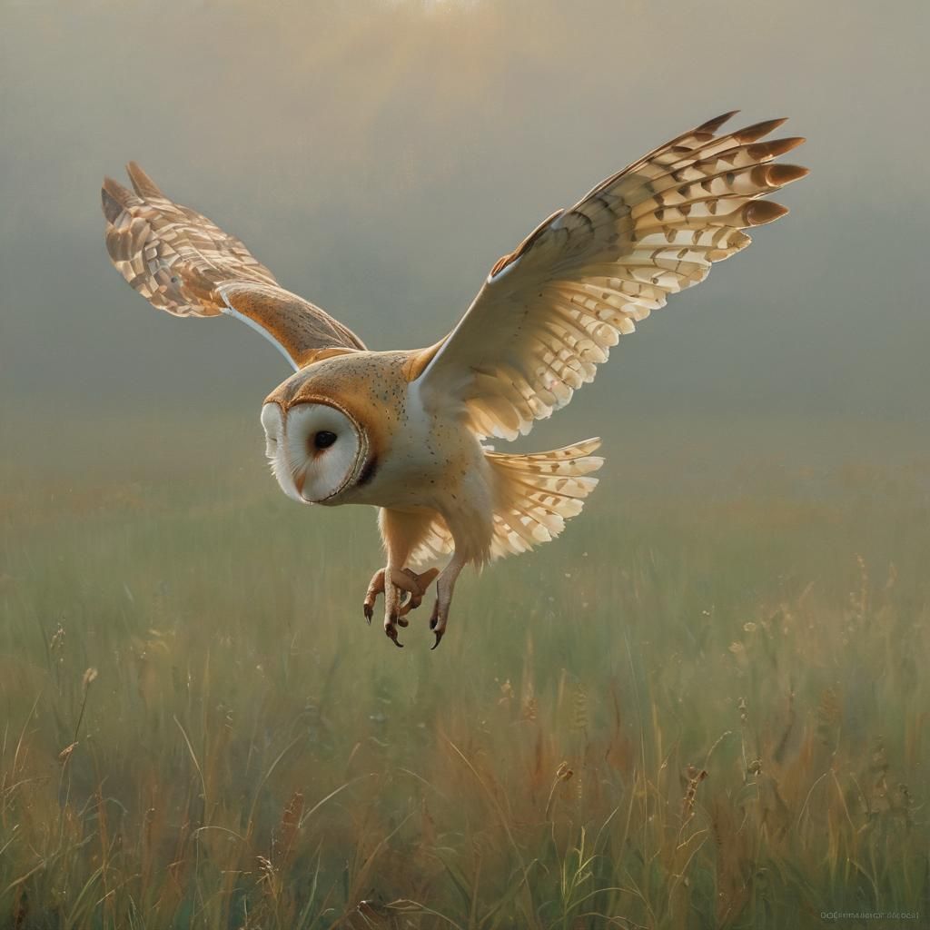 Barn Owl Hunting in Misty Grassland: Impressionist Oil Paint...