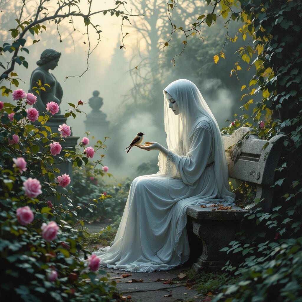 Ghost Feeding Sparrow in Misty Victorian Garden