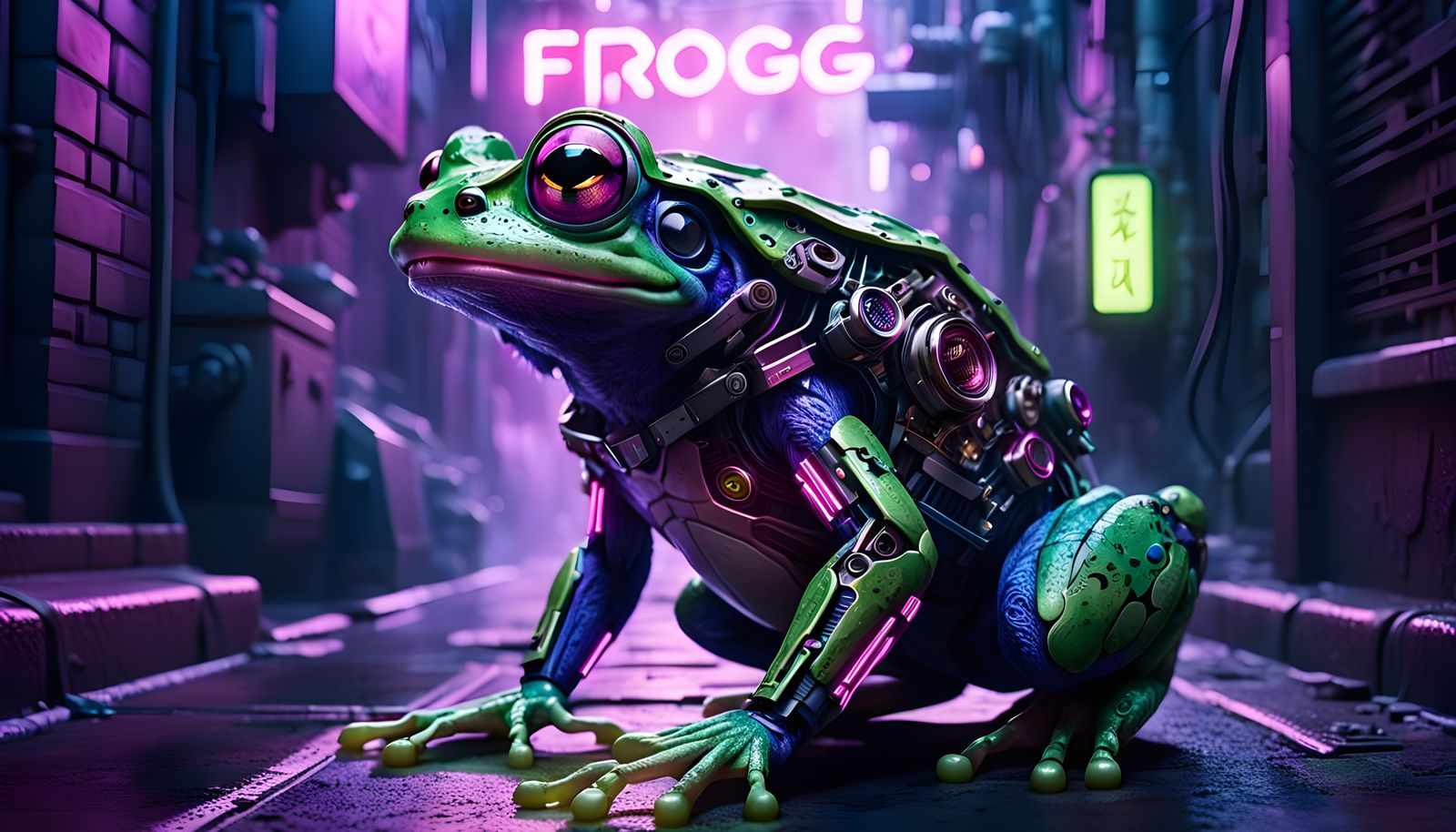 Cyberpunk Anime Frog Portrait with Electronic Details